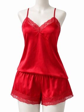 Red Satin Lace Pajama Set 2-Piece Shorts Size S luxury Sleepwear.